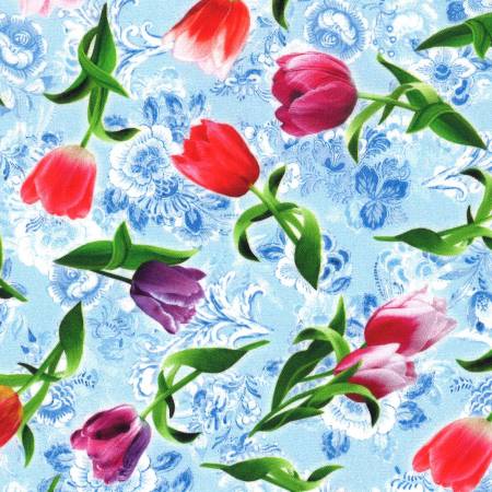 Royal Tossed tulips light Blue from Michael Miller Fabrics, by the yard