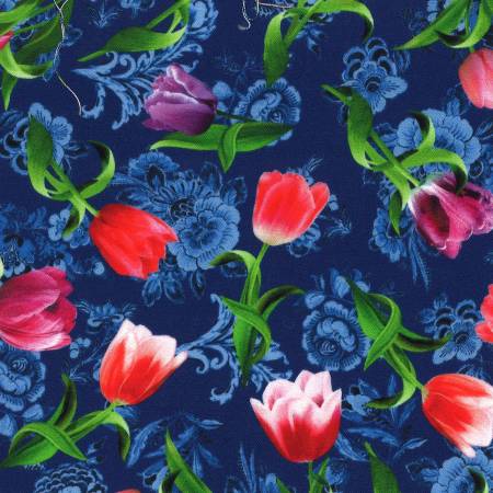 Royal Tossed tulips Royal Blue from Michael Miller Fabrics, by the yard