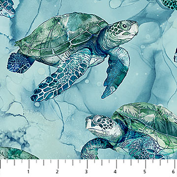 Sea Breeze by Northcott- Running Yardage, multi- blue Turtles , by the yard