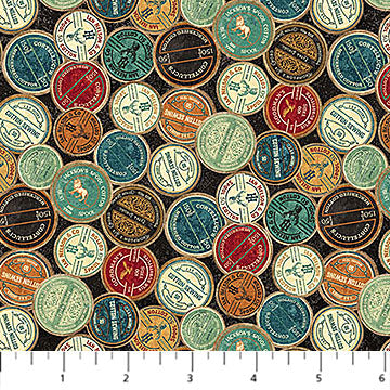 Stonehenge Stitchin Black Multi labels by the yard