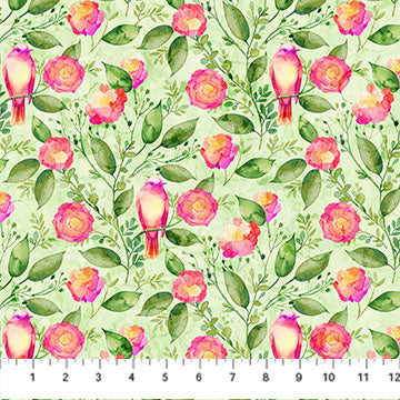 Floral and Bird, Pale green, veranda from Northcott fabrics by the yard