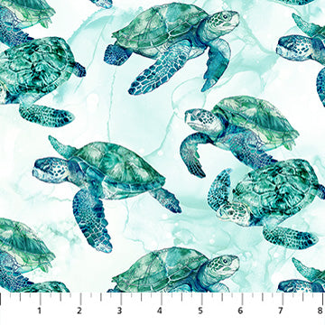 Coral Reef from Northcott, white Multi Turtles, by the yard