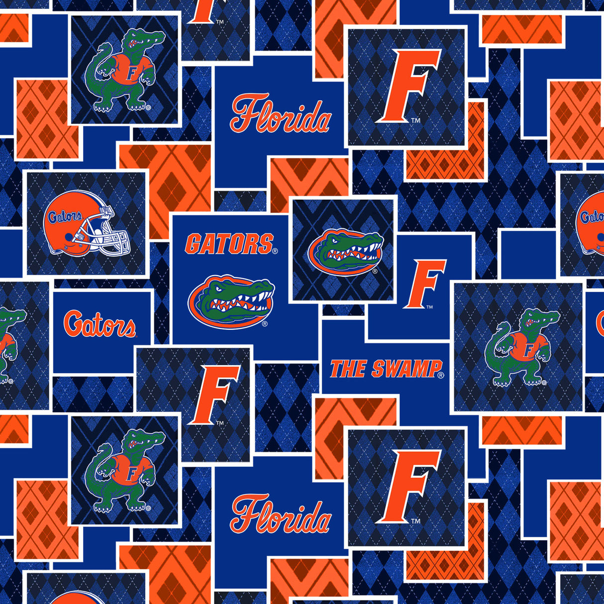 Official Licensed University of Florida Cotton Quilting Fabric-Florida Gators Argyle Boxes Cotton Fabric Sold by the Yard