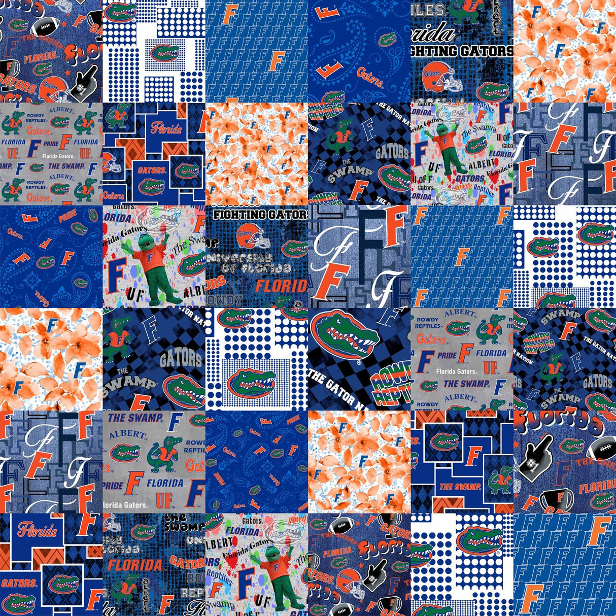 Official Licensed University of Florida Cheater Quilt Printed Cotton Fabric-Florida Gators Cotton Fabric with Patchwork Cheater Quilt Print-60 Width