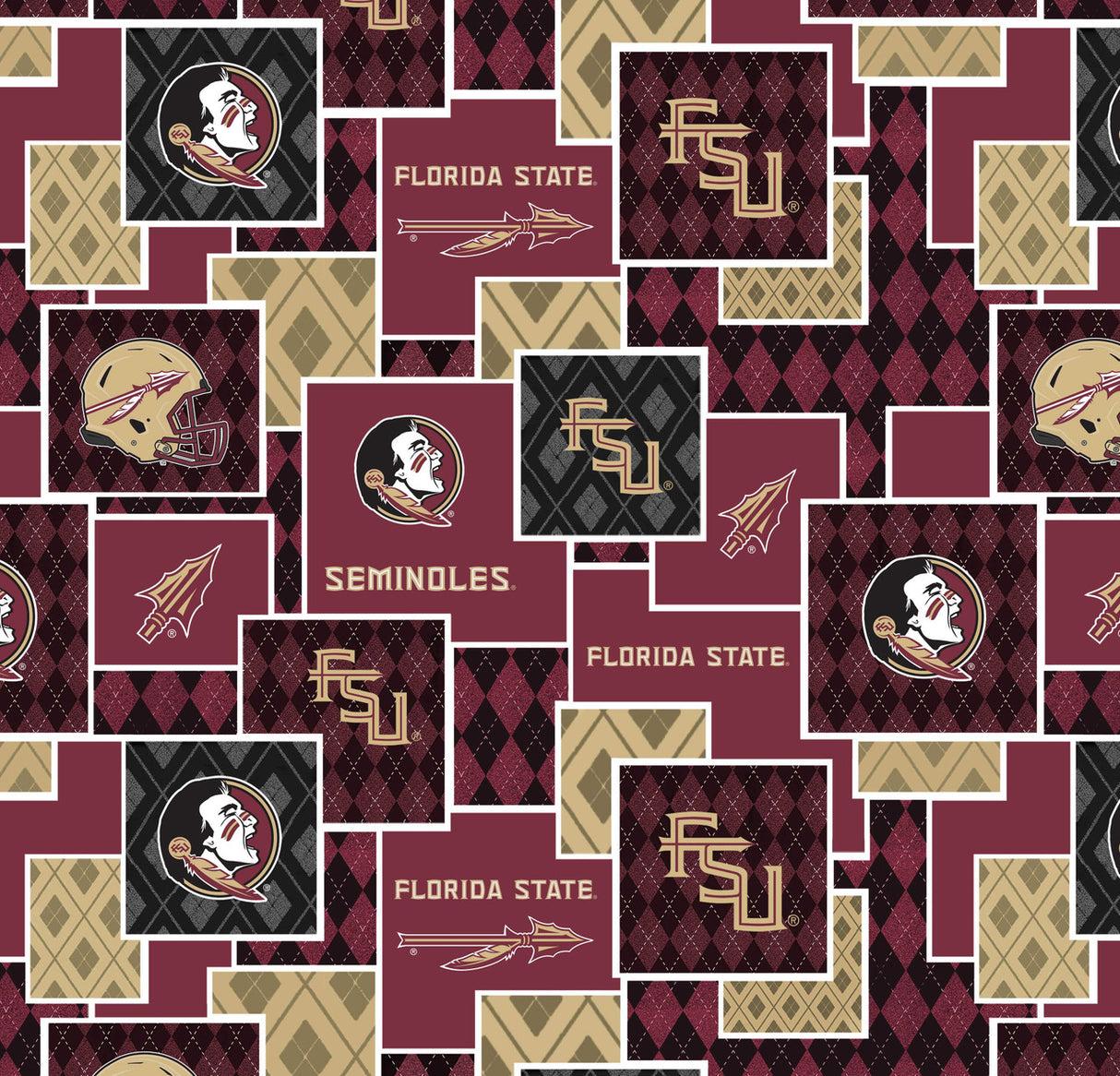 Official Licensed Florida State University Cotton Quilting Fabric-FSU Seminoles Argyle Boxes Cotton Fabric Sold by the Yard