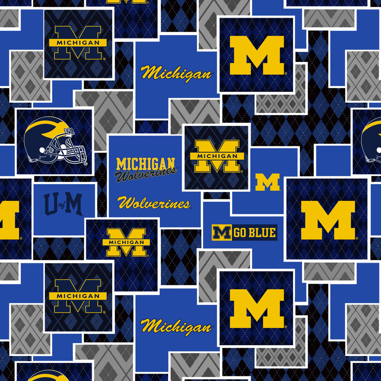 Official Licensed University of Michigan Cotton Quilting Fabric-Michigan Wolverines Argyle Boxes Cotton Fabric Sold by the Yard