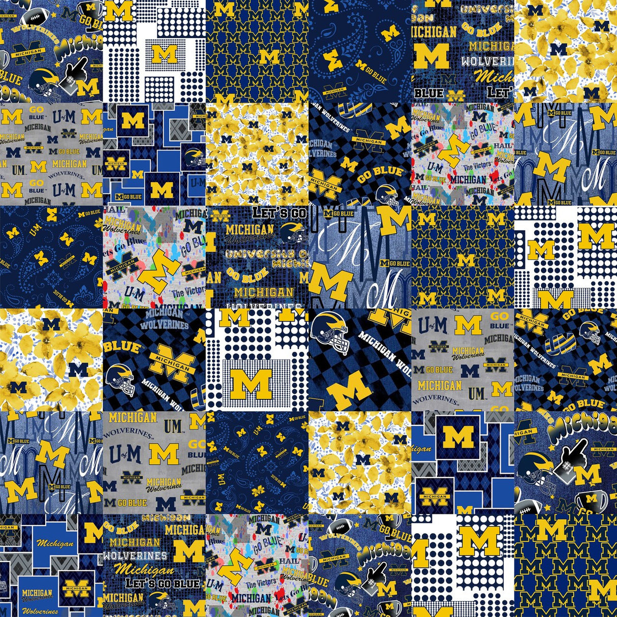 Official Licensed University of Michigan Cheater Quilt Printed Cotton Fabric-Michigan Wolverines Cotton Fabric with Patchwork Cheater Quilt Print-60 Width