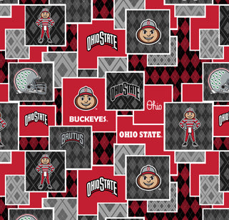 Official Licensed Ohio State Cotton Quilting Fabric-Ohio Sate Buckeyes Argyle Boxes Cotton Fabric Sold by the Yard
