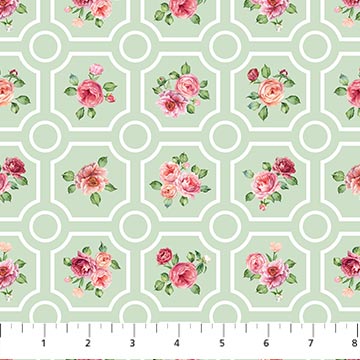 Blush By Northcott-Floral Green grid by the yard