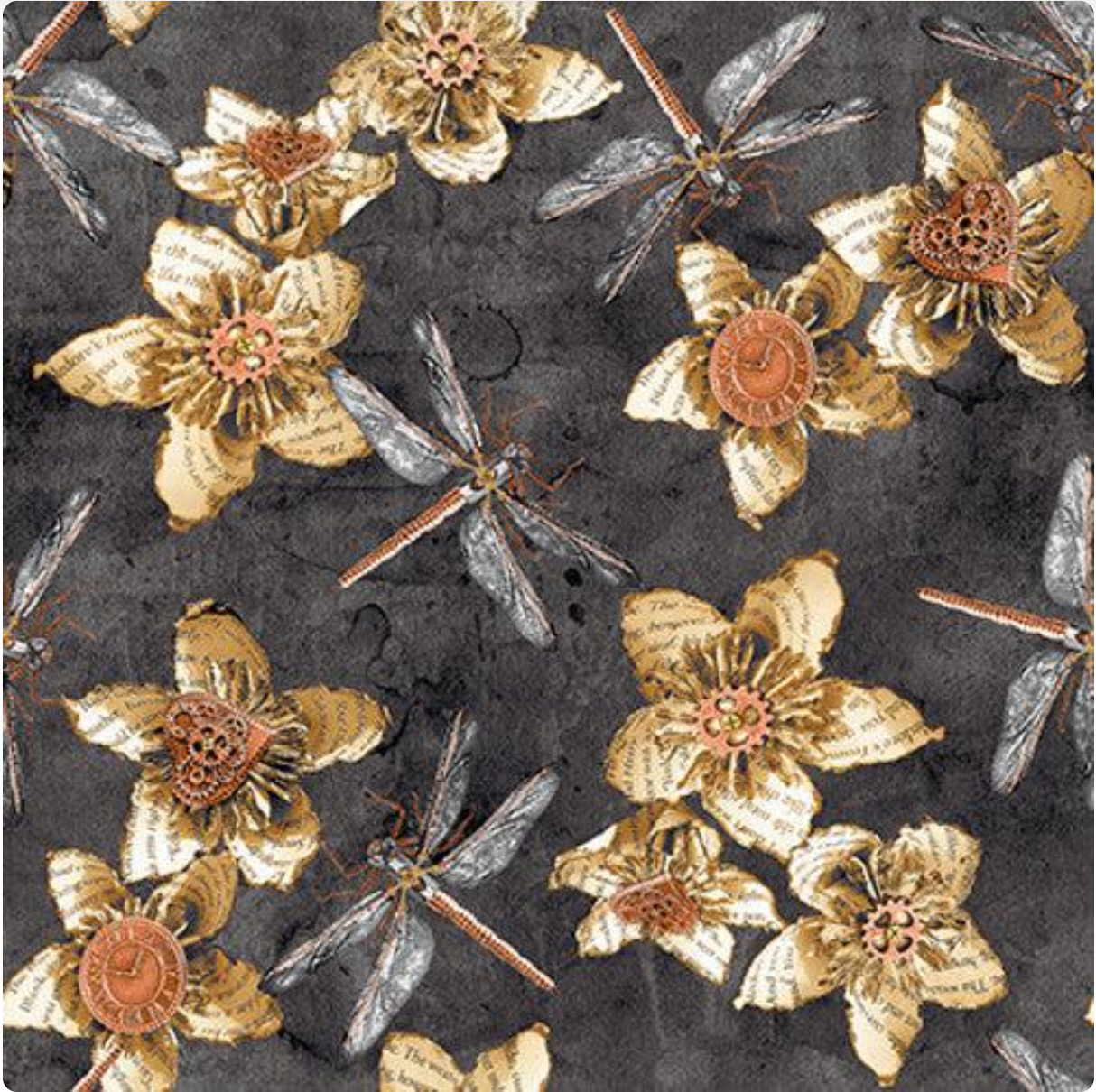 Full Steam Ahead Charcoal Flowers & Dragonflies Digital Fabric by the yard.