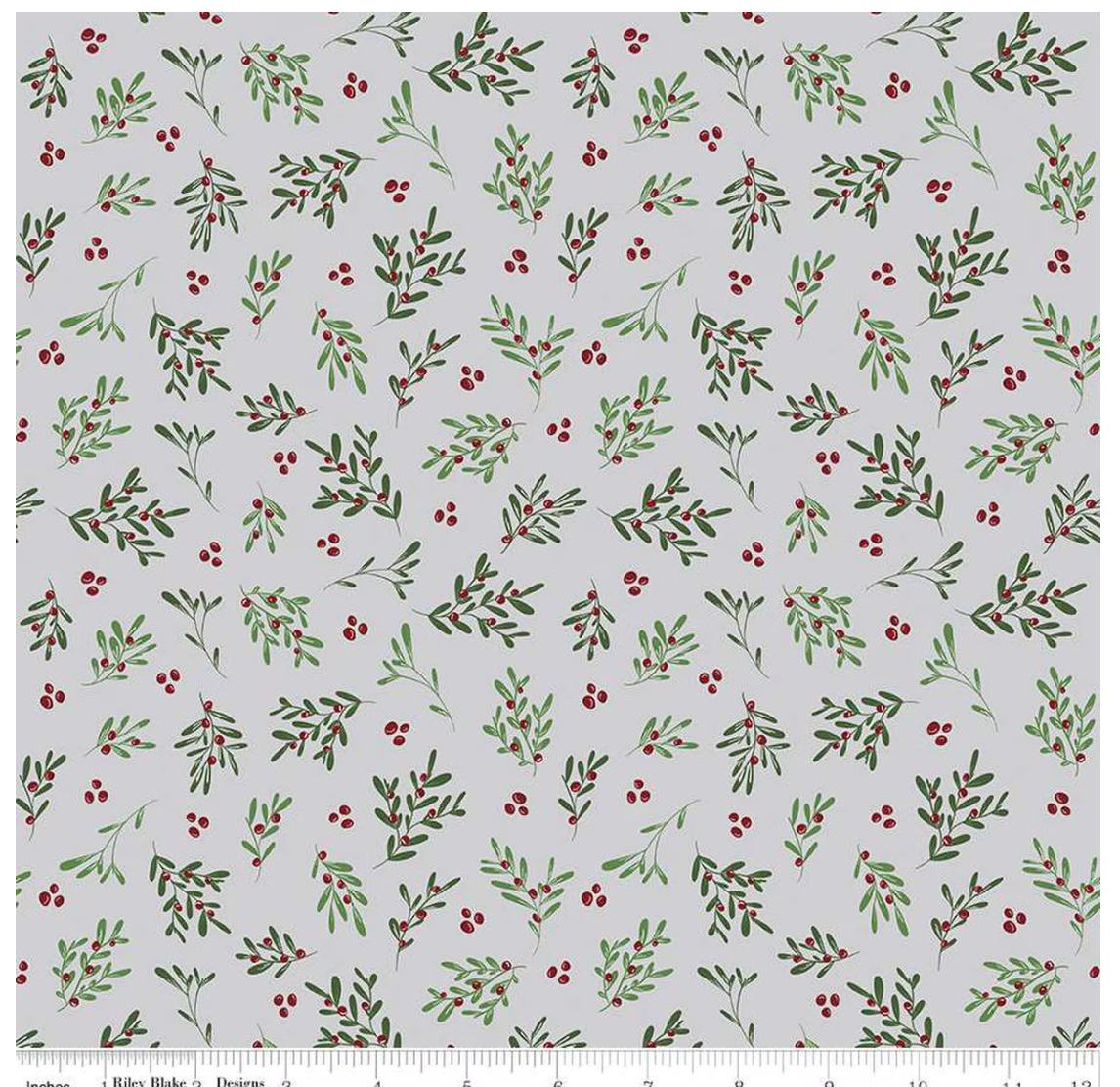 Mistletoe & Holly Mistletoe Silver by the yard from Riley Blake