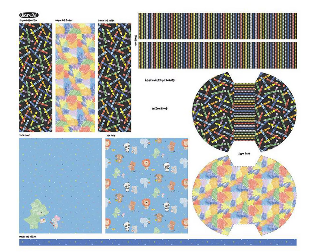 New Box of Crayons Crayola Zipper Pouch, Crayon Roll & Tote Panel from Riley Blake by the panel