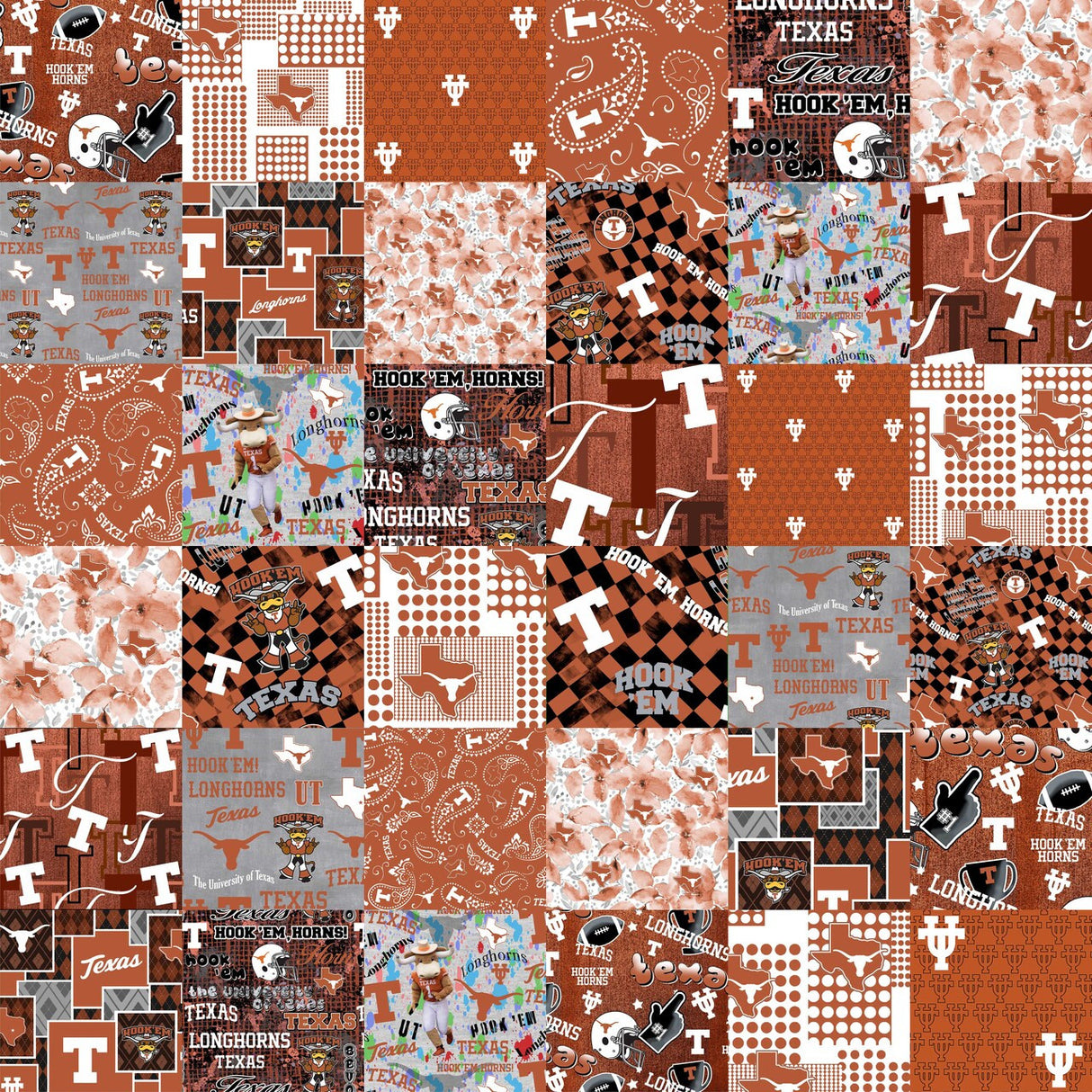 Official Licensed University of Texas  Cheater Quilt Printed Cotton Fabric-Texas Longhorns Cotton Fabric with Patchwork Cheater Quilt Print-60 Width