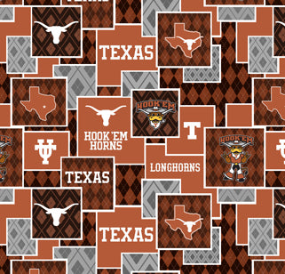 NCAA-Texas Argyle Boxes Cotton by the yard