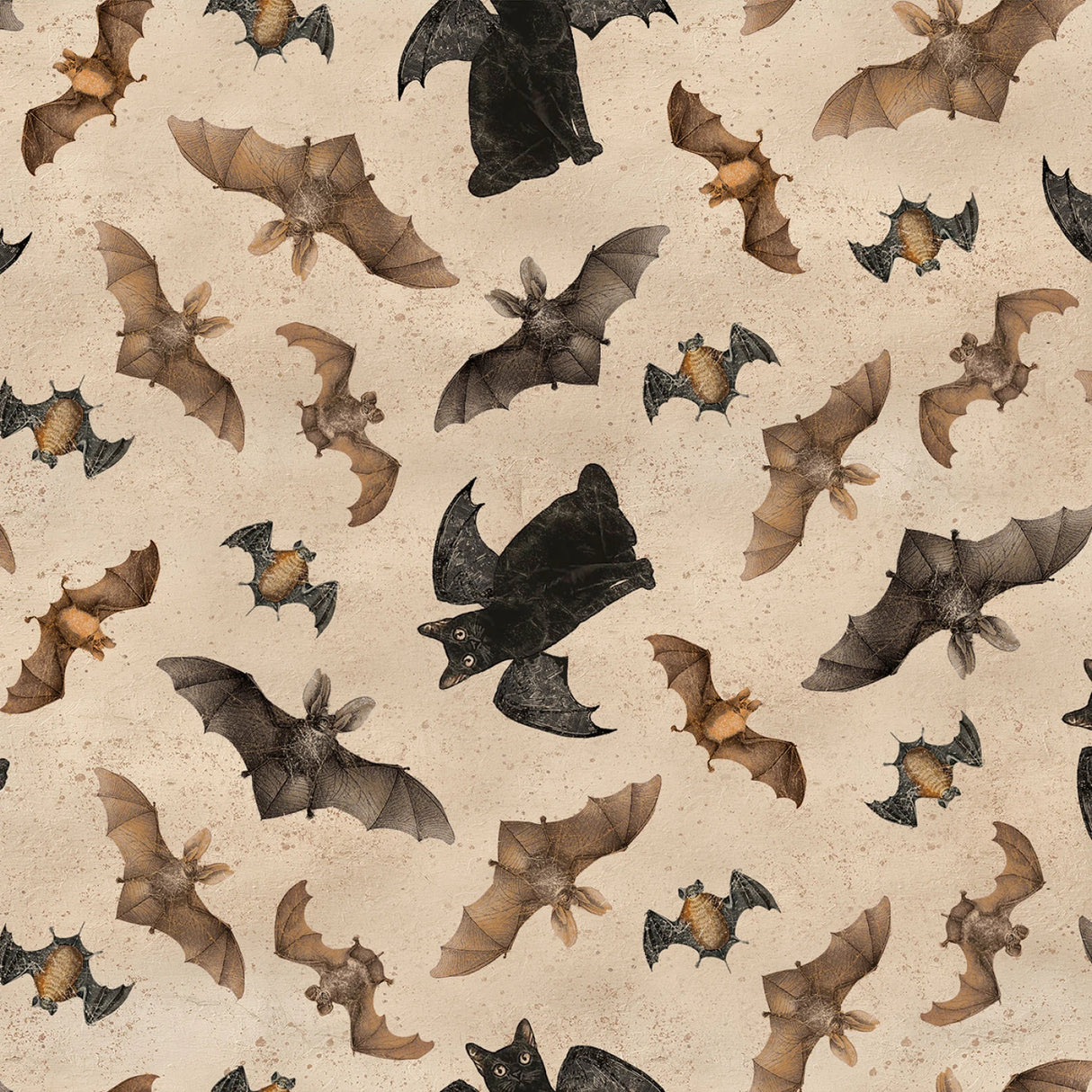Khaki Gothic Halloween Digital Bats & Cats by the yard