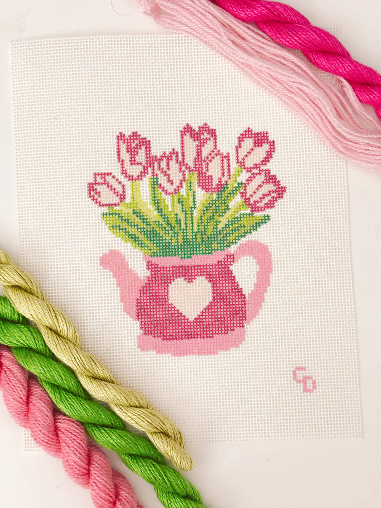Heart Flower Teapot Needlepoint Canvas 13 Mesh , Valentine's Day Needlepoint Canvas, 4.5”x5.5" Needlepoint Canvas