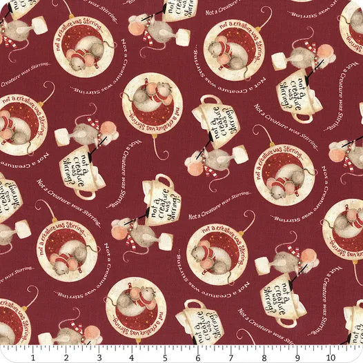 Gingerbread Christmas Dark Red Mice Yardage