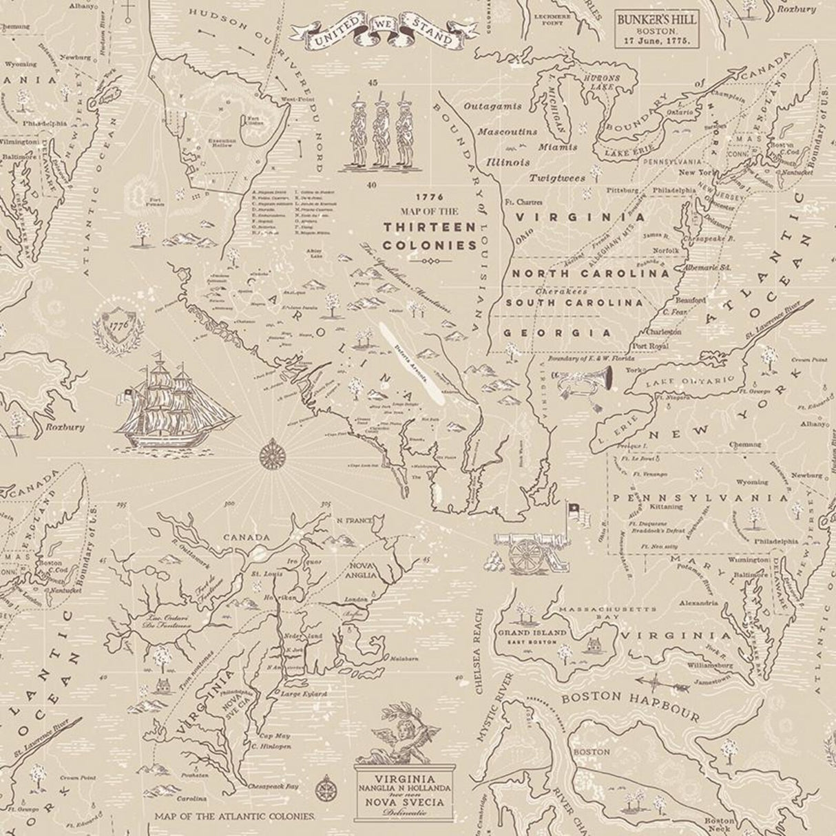 Independence Colonial Map Beige from Riley Blake by the yard