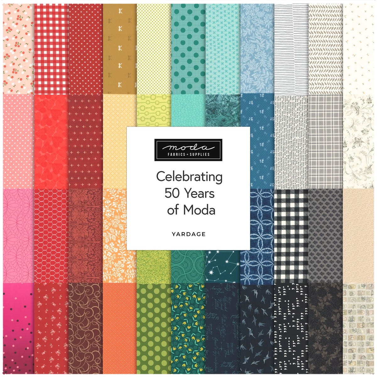 Celebrate the 50 years of Moda half yard bundle, Includes 11 half yard cuts.