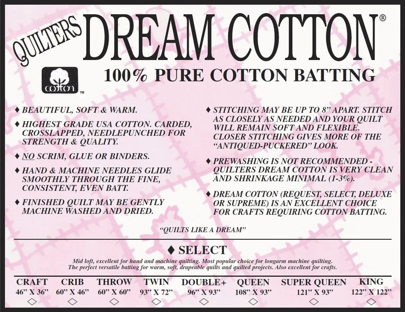 QUILTERS DREAM 100 % COTTON WHITE SELECT LOFT (1/8) BATTING 46X60 CRIB