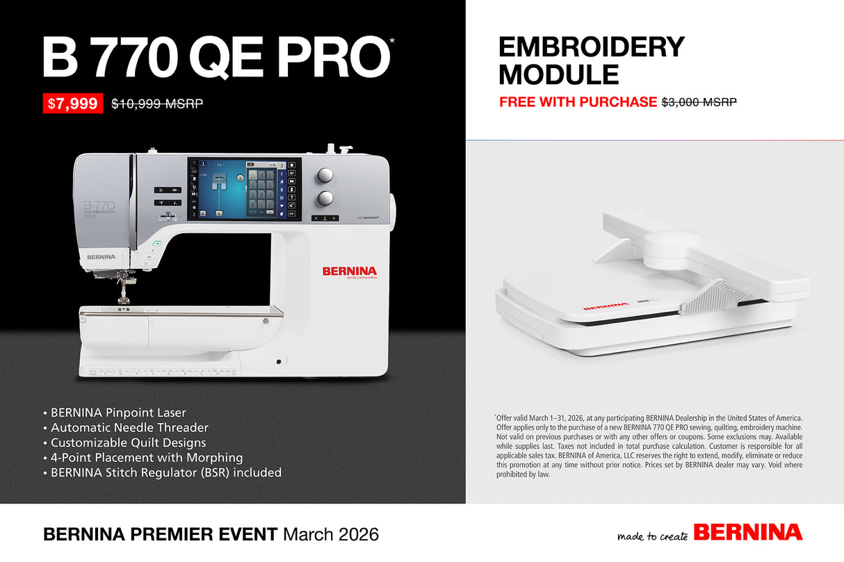 BERNINA 770 QE PRO- Free Embroidery Module through March 31, 2026