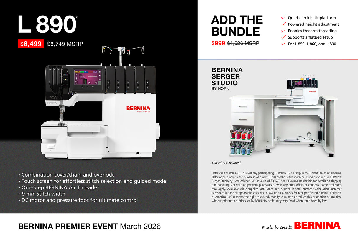 Bernina L 890 Combination Machine - Add a BERNINA Serger Studio by Horn for 999.00
