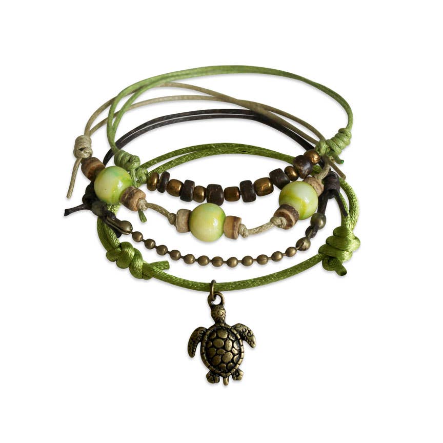 Sea Turtle Bracelets, 4 Piece Charm Bracelet Pack, Green