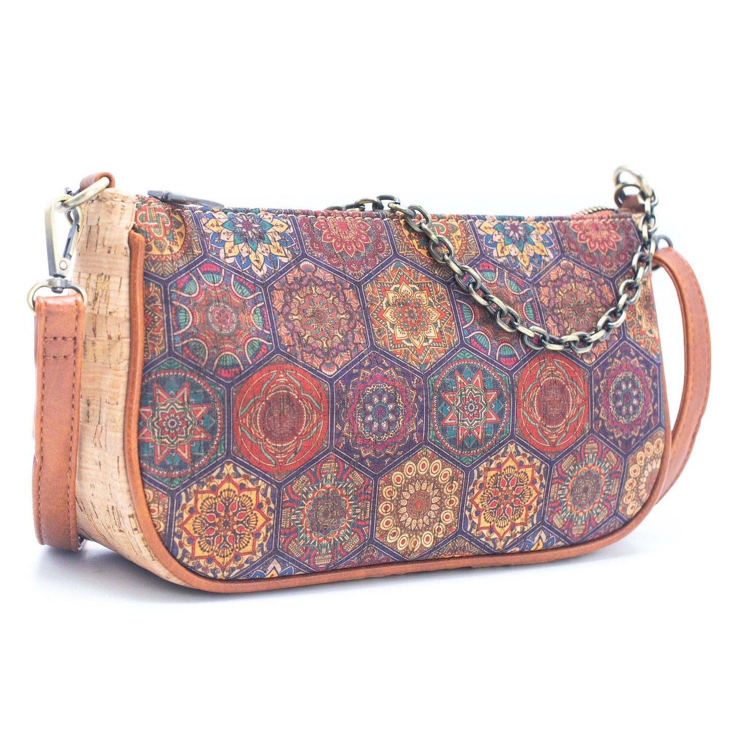 Natural Cork Crossbody Bag with Mosaic and Floral Prints and Adjustable Straps