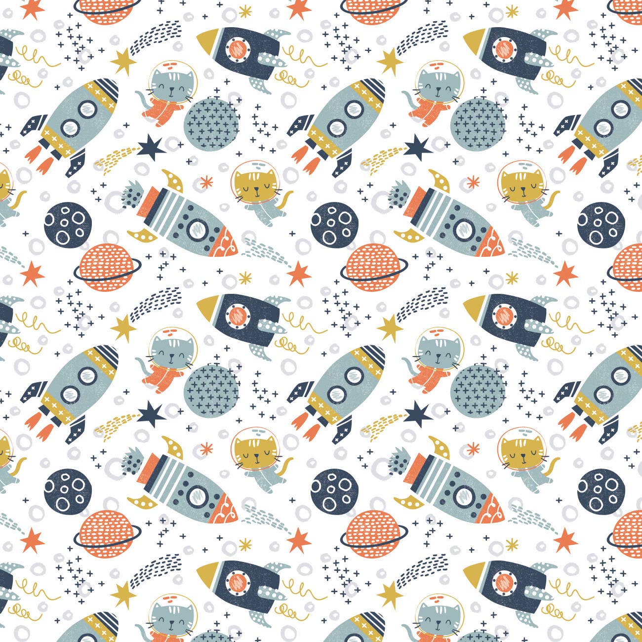 Space Kitten- 100% Cotton Printed Flannel-White by the yard