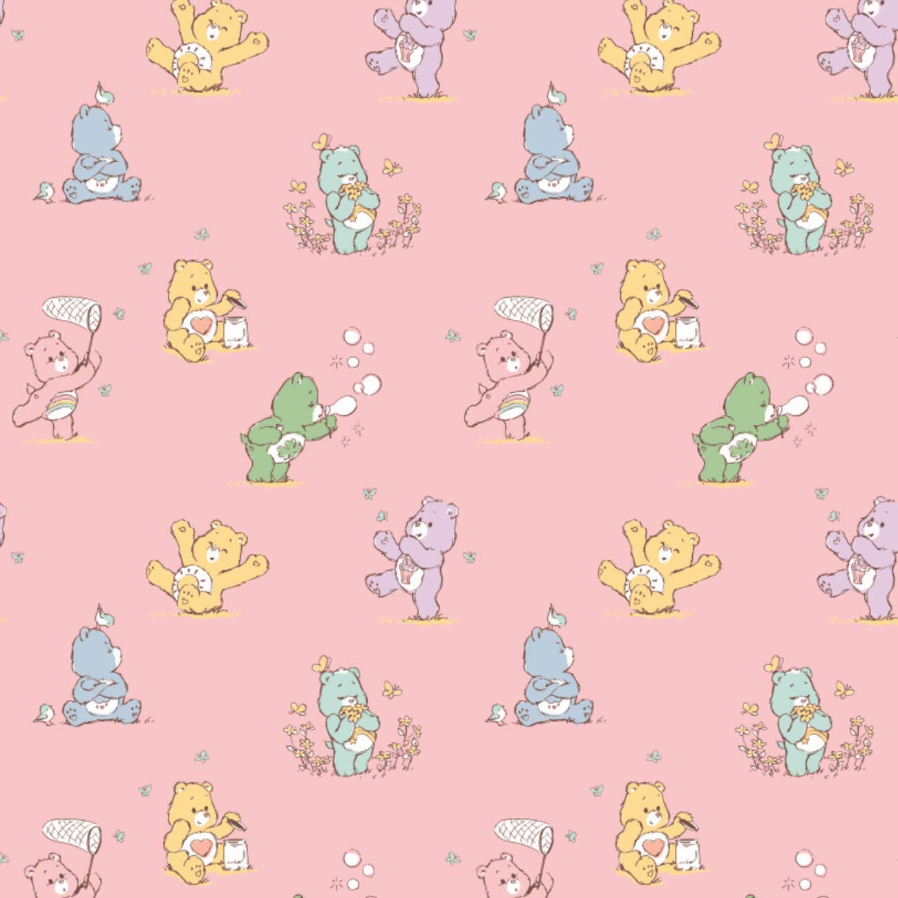 Playful Care Bears Pink - 100% Cotton  Flannel