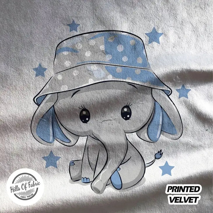 Cute Elephant Blue Stars Hat Animal Printed Fabric Panel