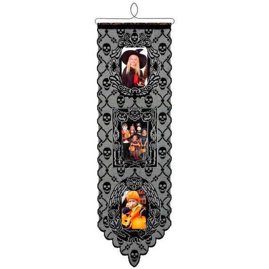 Halloween Spooky Pictures 12x38 Lace Wall Hanging Black