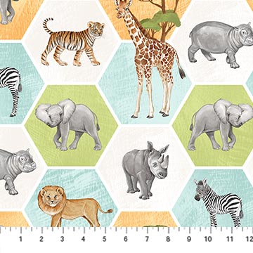 End of Bolt - 1.5yds - Baby Safari Big Hexi Multi Animals Fabric by the Yard