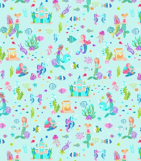 Mystical Mermaids - Mermaid Party - Lt Aqua Fabric by the Yard