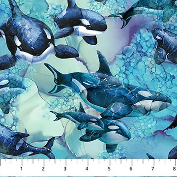 Whale Song By Northcott-Fabric by the Yard, Whales blue Multi
