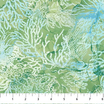 Whale Song by Northcott- Coral-Light Green by the yard