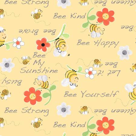Yellow Bee Words Floral Fabric by the yard