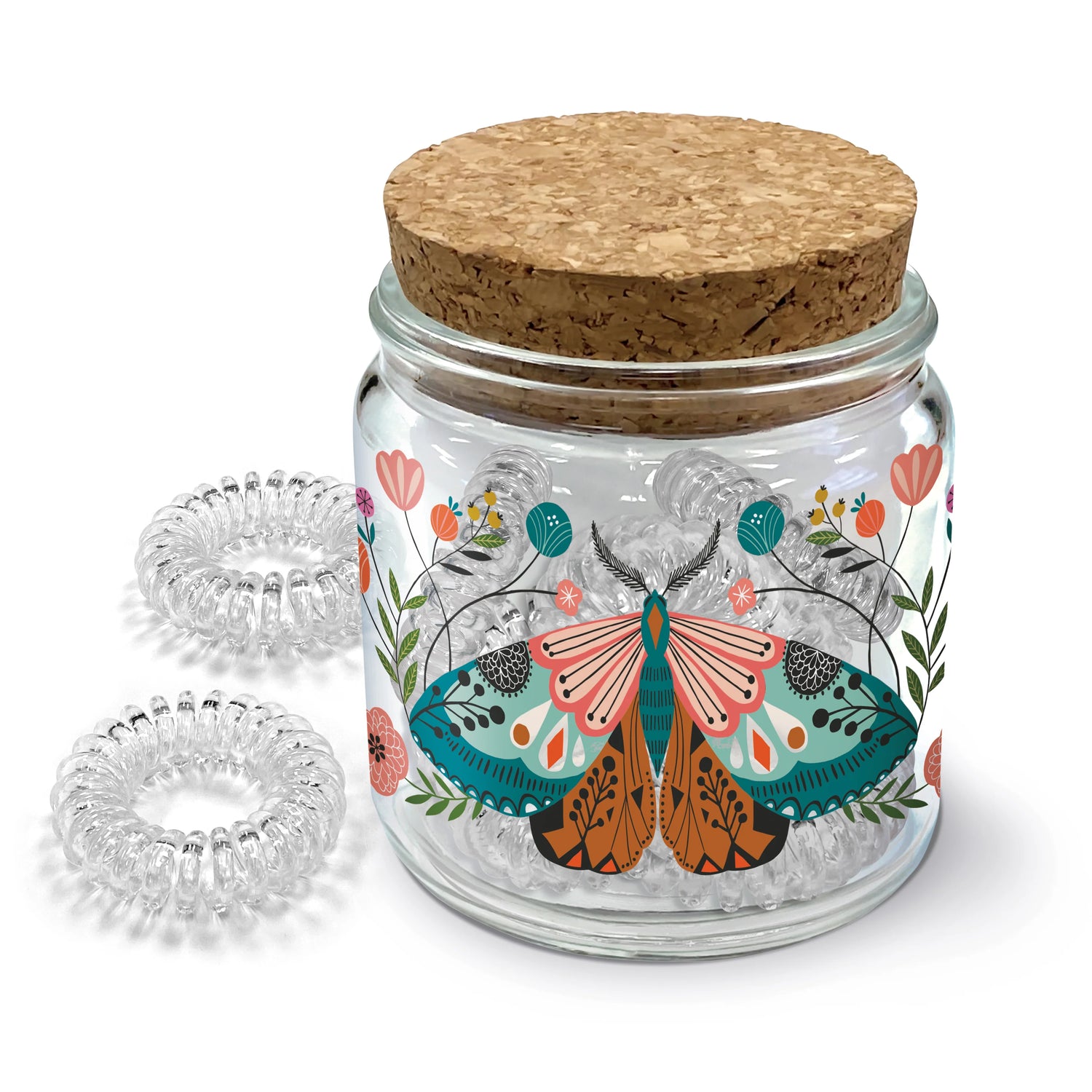 Floral Moth Spiral Hair Ties In Decorative Jar