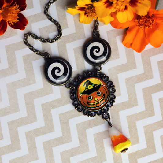 Retro Jack O Lantern in Hat Halloween Candy Corn Necklace