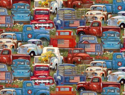 American Spirit fabric by the yard- Assorted vintage trucks
