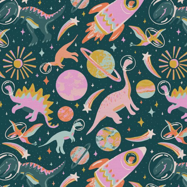 Dino Daydreams fabric by the yard-dark green Dino scatter