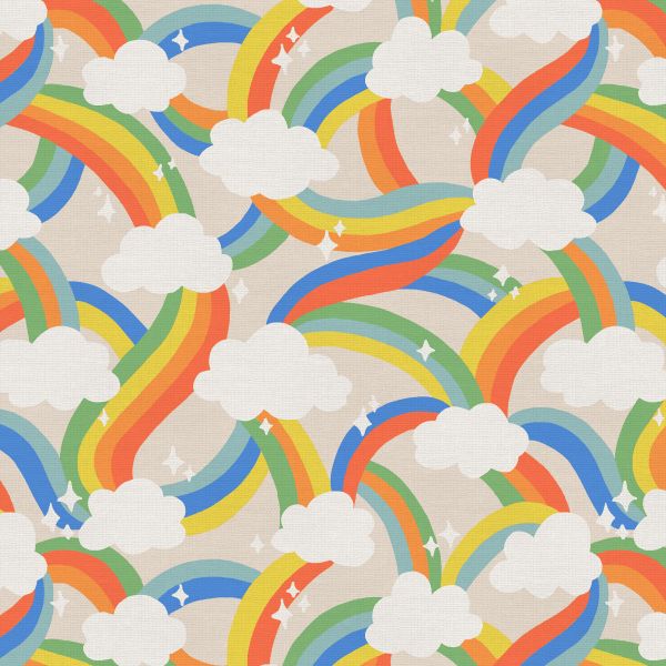 Dino Daydreams fabric by the yard, cream rainbow scatter