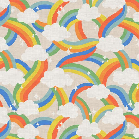 Dino Daydreams fabric by the yard, cream rainbow scatter