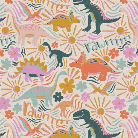 Dino Daydreams fabric by the yard- playful cream