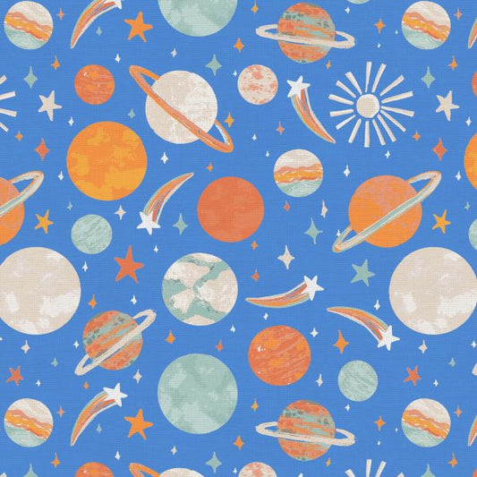 Dino Daydreams fabric by the yard- blue planets