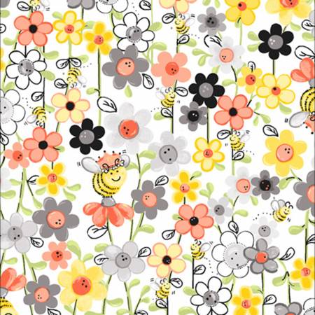 White Bee Floral fabric by the yard