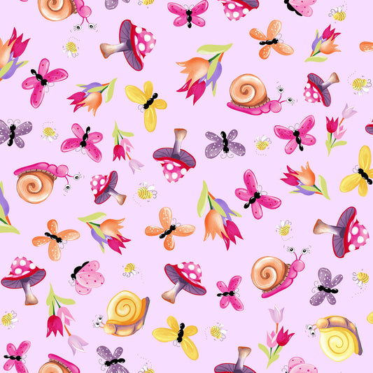 Sloane the Snail Garden Toss Light Orchid Fabric by the Yard