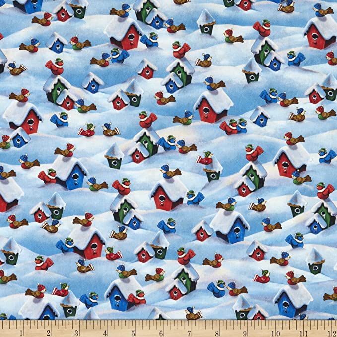 QT Fabrics Whirlwind Birdhouses Blue, Fabric by The Yard